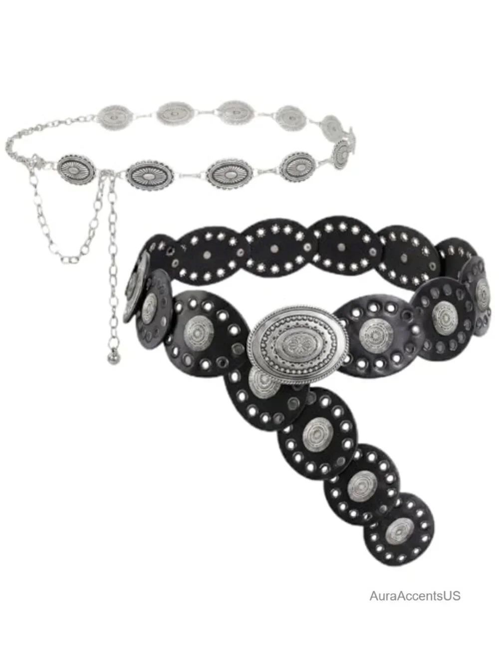2 Pcs Boho Belt Set - Leather Belt & Waist Chain, Adjustable, Faux Leather,